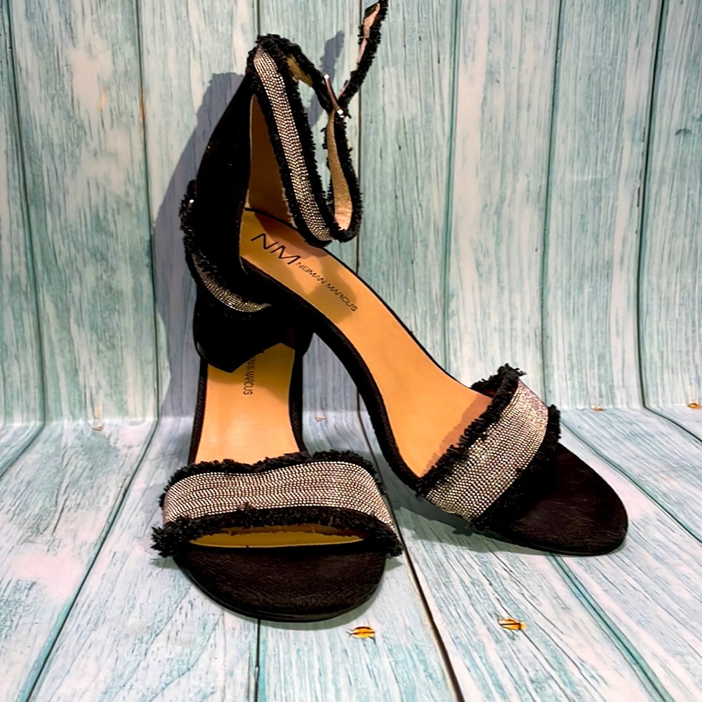 Neiman Marcus black jewelled fabric sandals ankle fringed strap block heel SZ 9